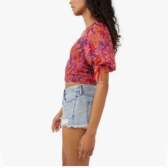 Free People Back on top Crop‎ smocked mesh floral back tie top size XS new - Picture 3 of 8